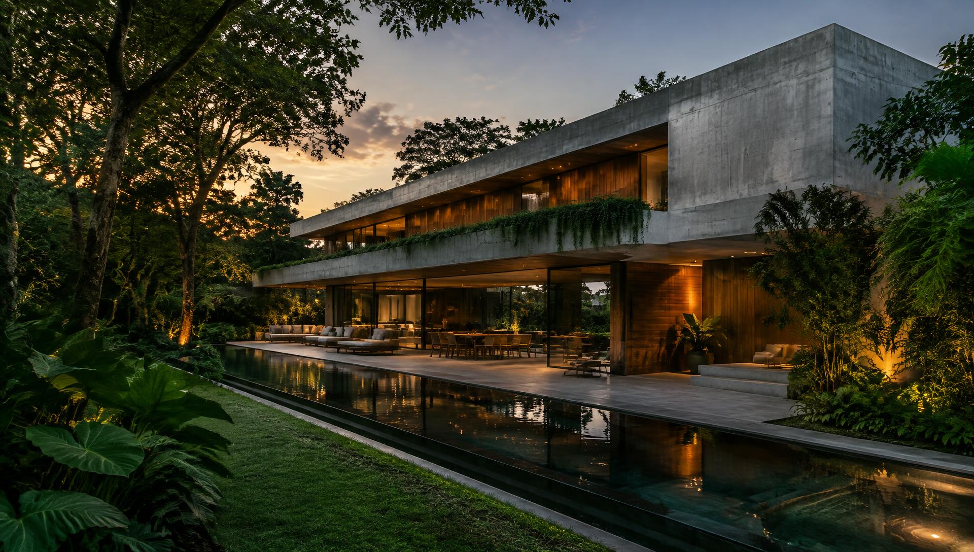 Residencia contemporánea de concreto y madera al atardecer